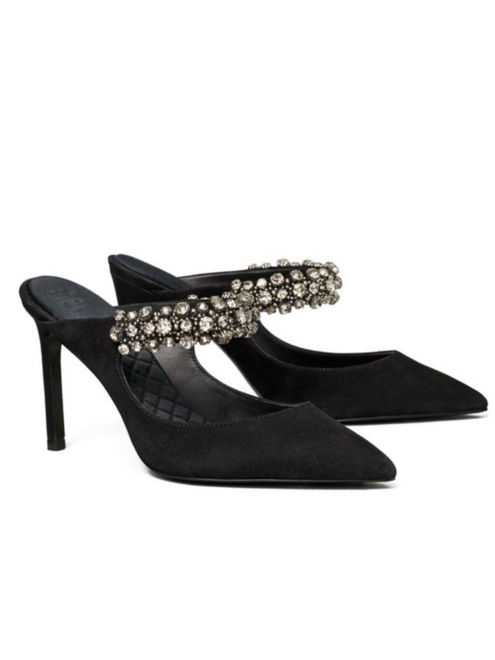 Tory Burch Suede Crystal Mule Heel Pump Shoes in Perfect Black | 7.5